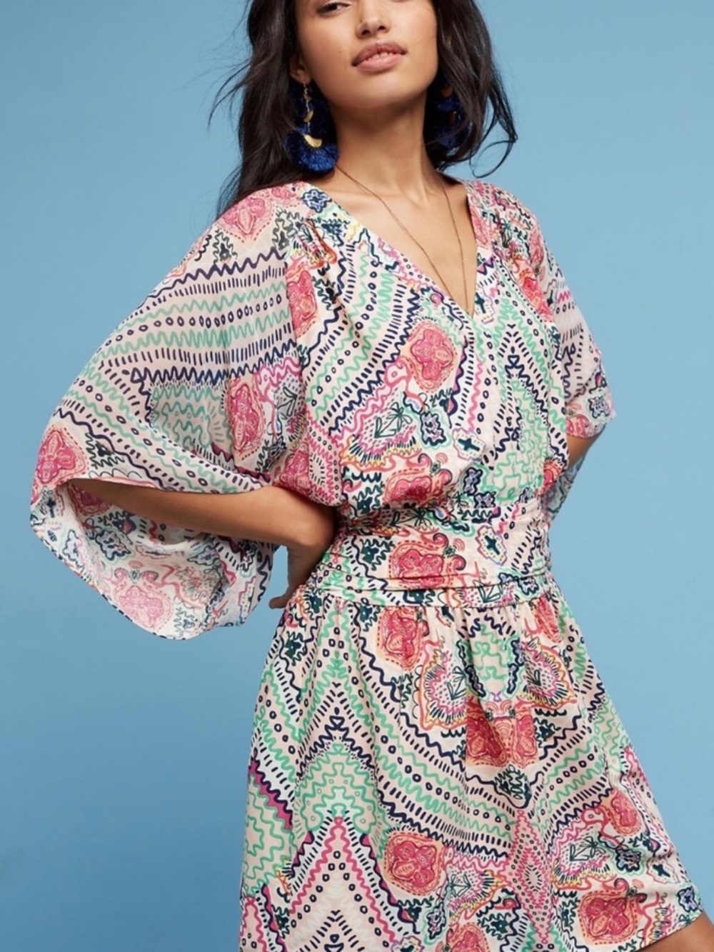Anthropologie Maeve Pink and Teal Floral V-Neck Dress